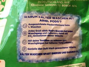 Ariel Allin1 PODS Waschmittel, Verpackung Rückesite, Beschriftung, Warum kälter waschen