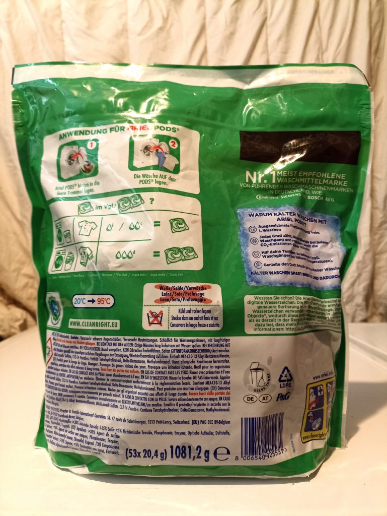 Ariel Allin1 PODS Waschmittel, Verpackung Rückseite