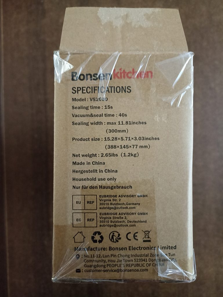 Bonsenkitchen VS2000 Vakuumierer, Verpackung Seitanansicht 1