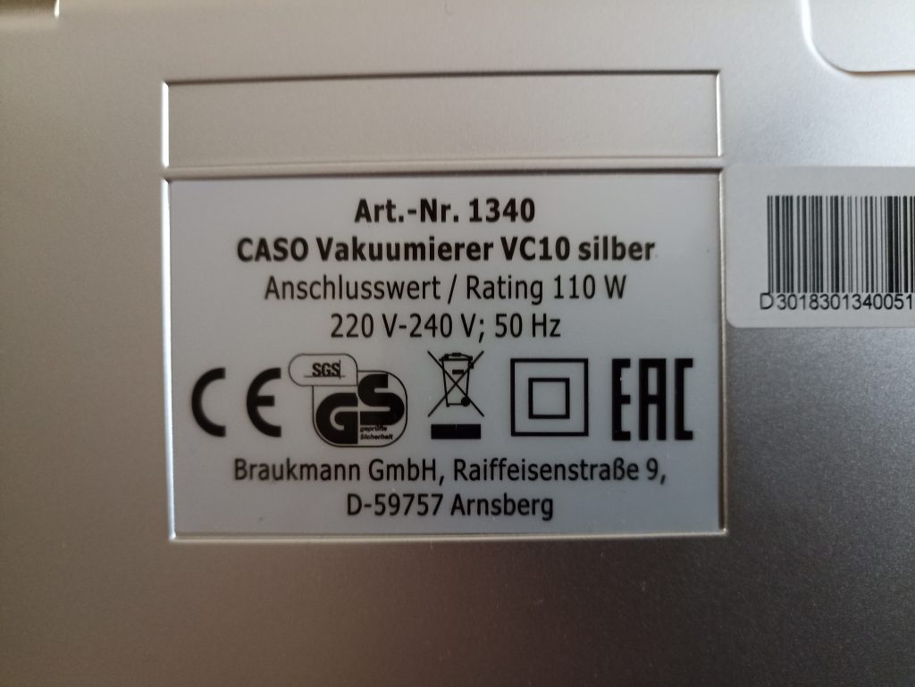 CASO VC10 Vakuumierer, Etikett auf der Unterseite
