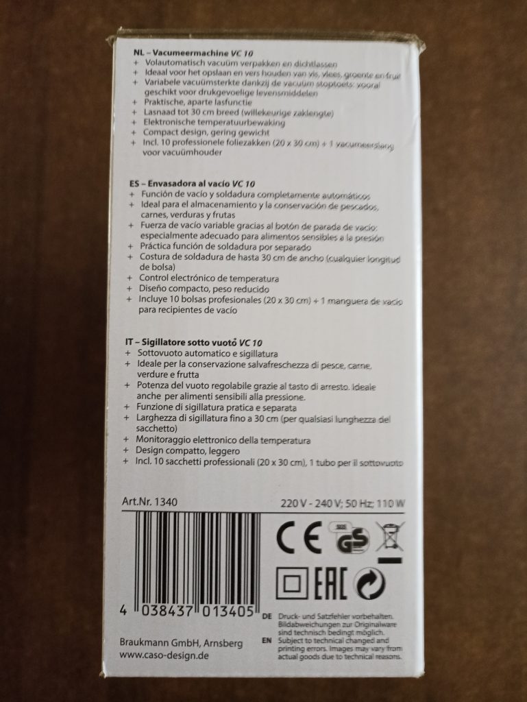 CASO VC10 Vakuumierer, Verpackung Seitanansicht 2