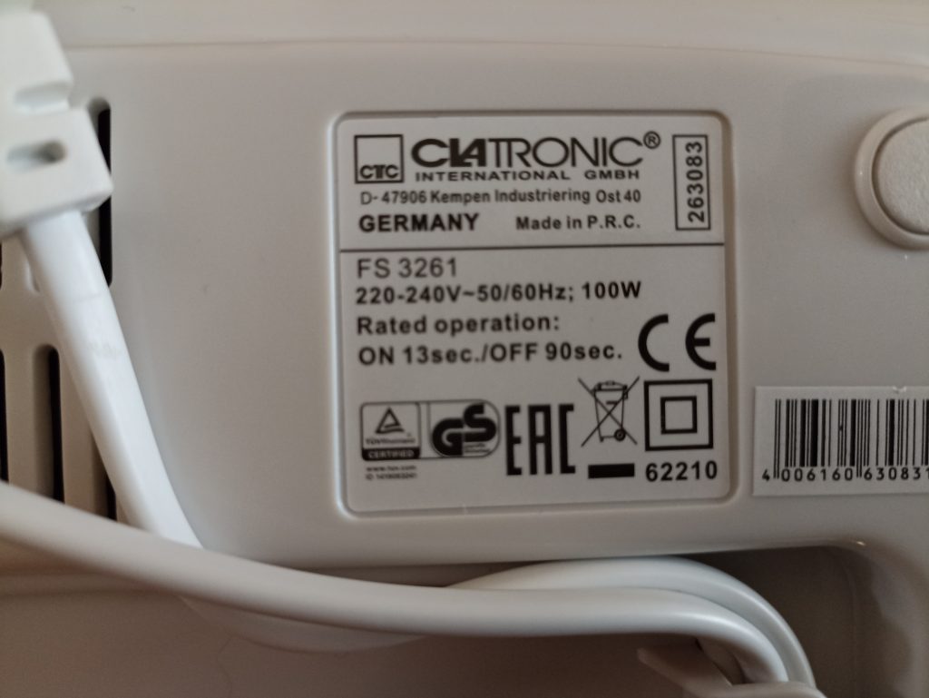 Clatronic FS 3261 Vakuumierer, Etikett auf der Unterseite