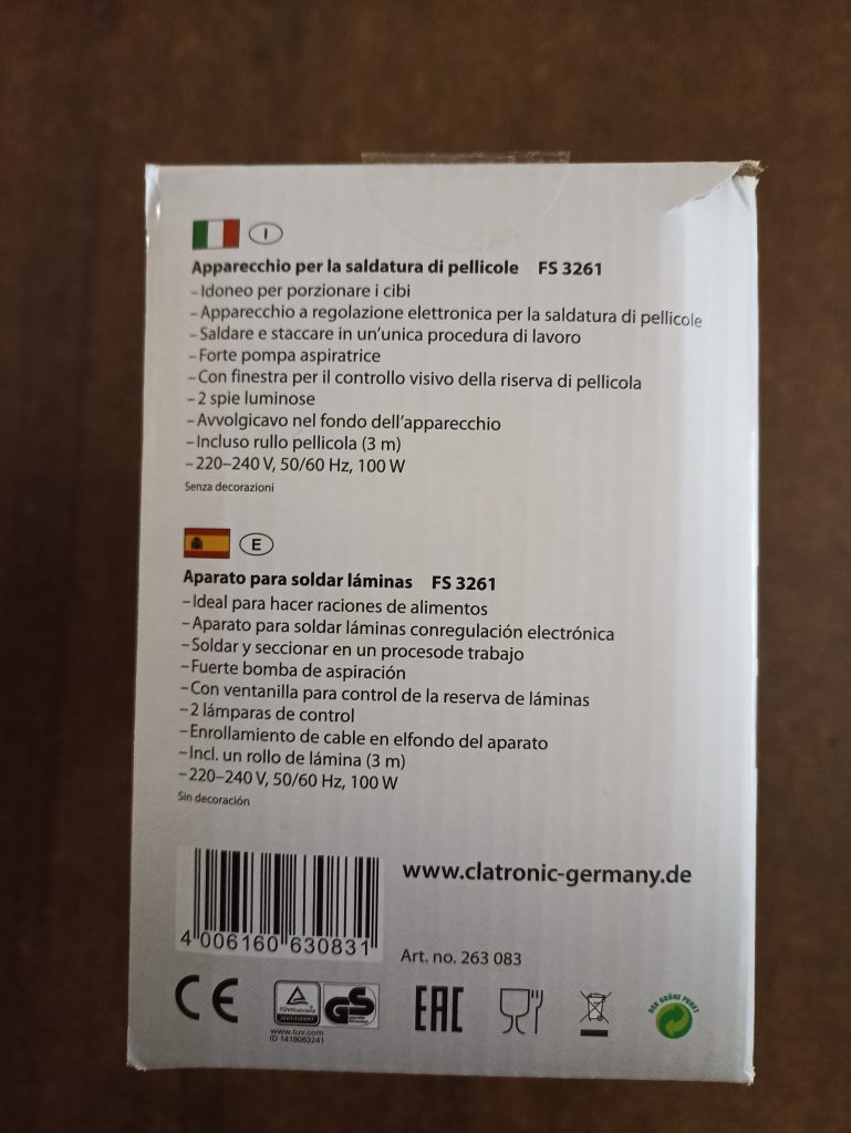 Clatronic FS 3261 Vakuumierer, Verpackung Seitenansicht 1