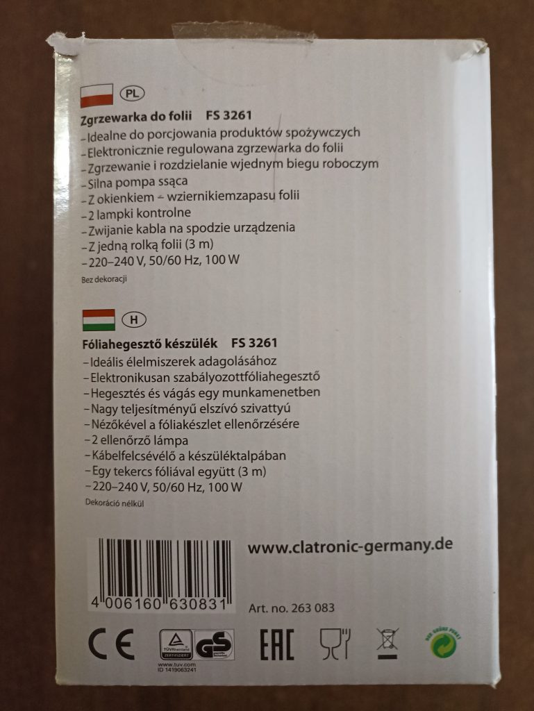 Clatronic FS 3261 Vakuumierer, Verpackung Seitenansicht 2