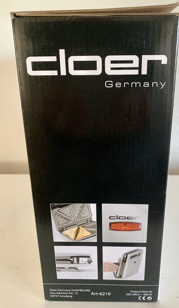 Cloer 6219 Sandwichmaker im Karton von der Seite