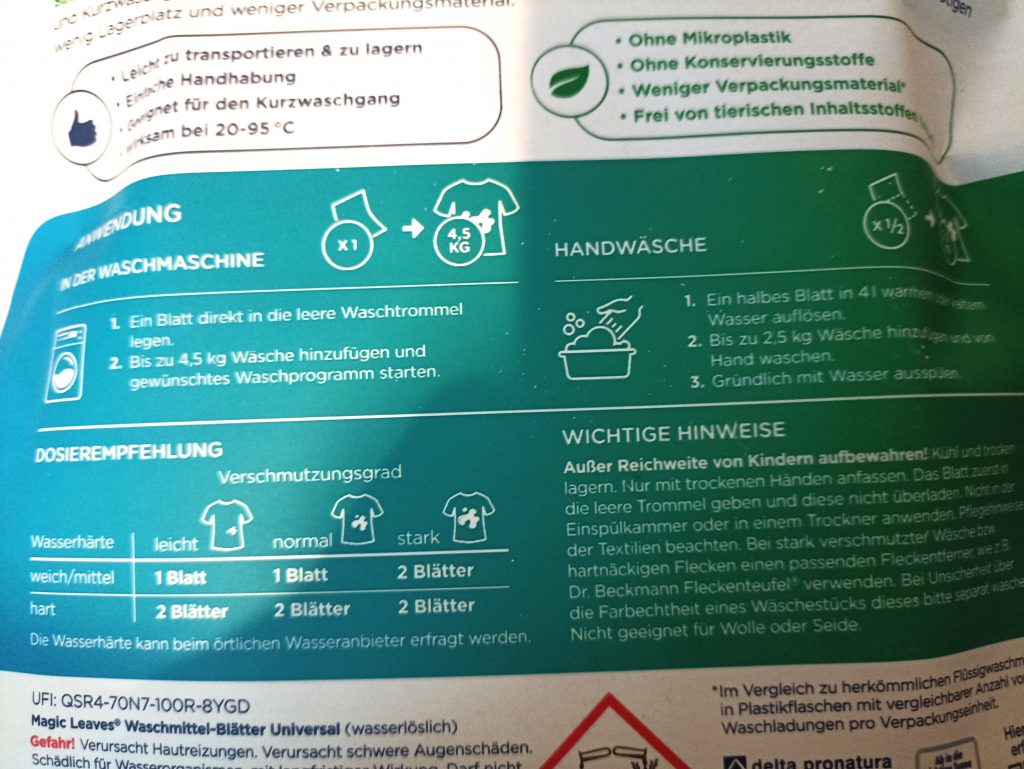 Dr. Beckmann MAGIC LEAVES Waschmittel, Verpackung Rückseite, Beschriftung Dosierung