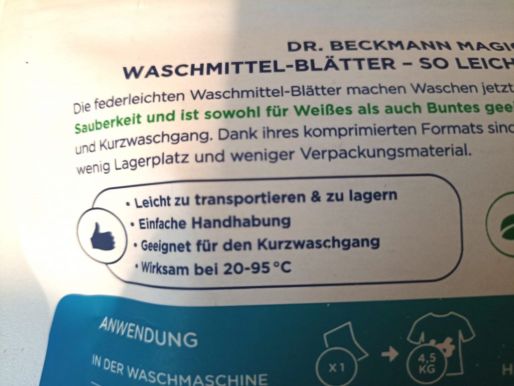 Dr. Beckmann MAGIC LEAVES Waschmittel, Verpackung Rückseite, Beschriftung Produkteigenschaften