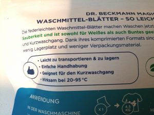 Dr. Beckmann MAGIC LEAVES Waschmittel, Verpackung Rückseite, Beschriftung Produkteigenschaften