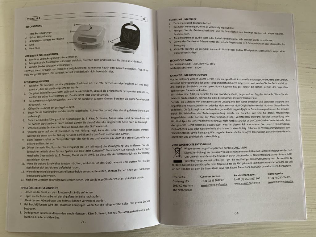Emerio ST-109724.3 Sandwichmaker Bedienungsanleitung von innen