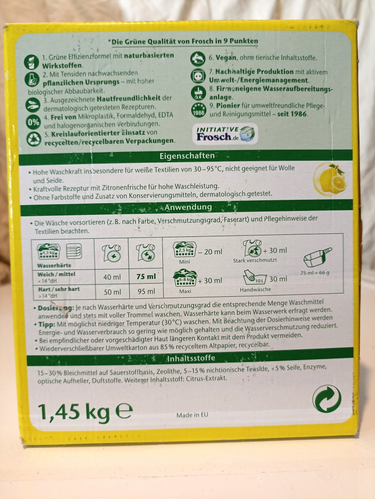 Frosch Citrus Waschmittel, Verpackung Rückseite