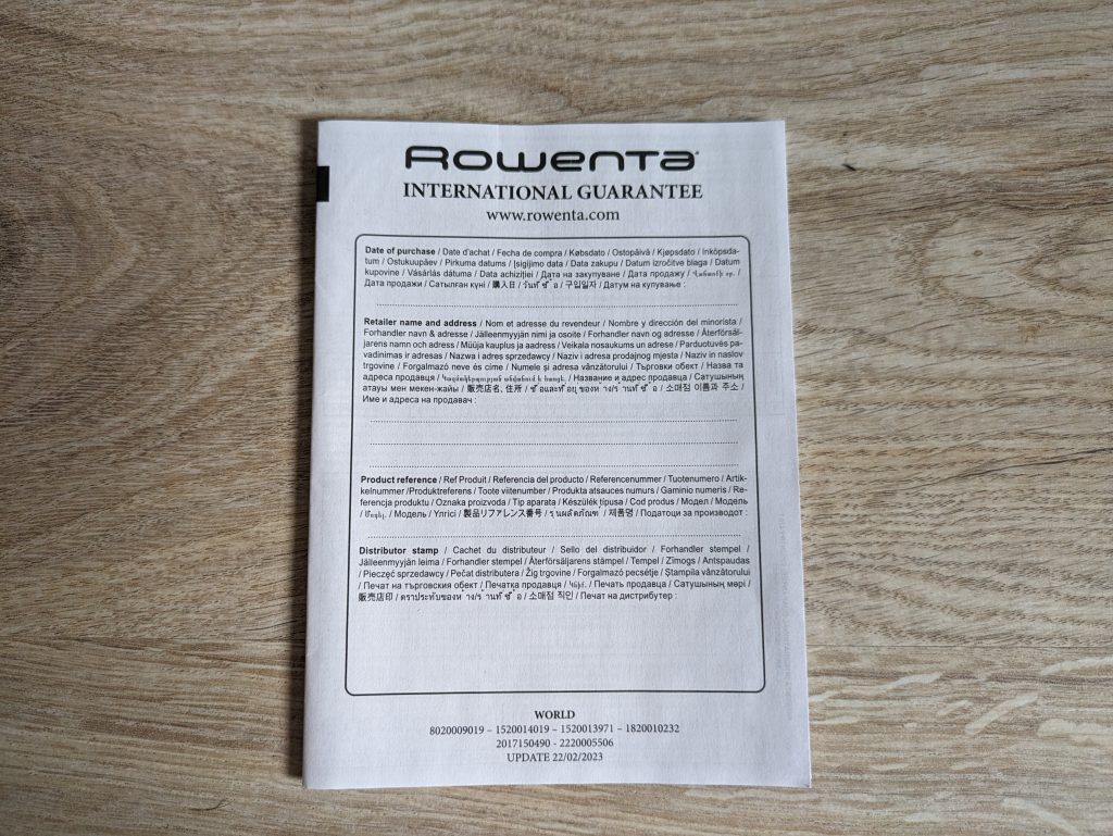 Garantiekarte des Rowenta SO2320 Instant Comfort Compact Heizlüfters
