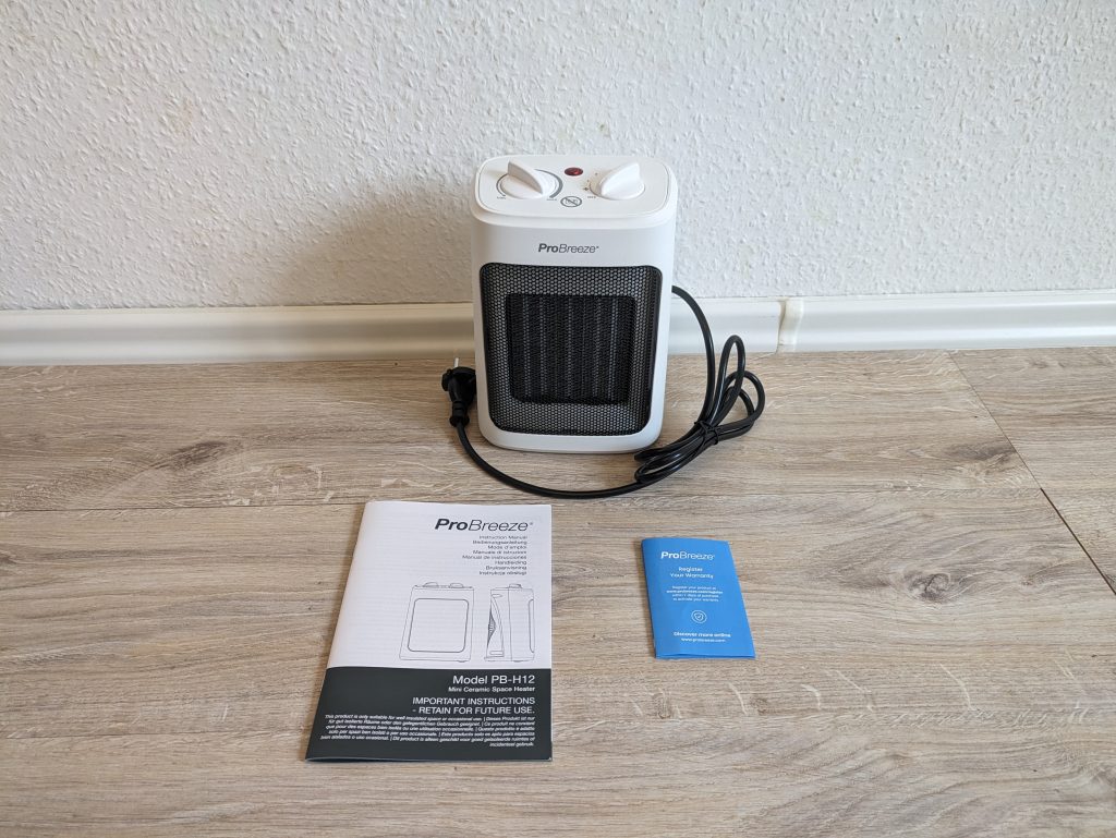 Lieferumfang des Pro Breeze Mini Heizlüfters in der Nahansicht
