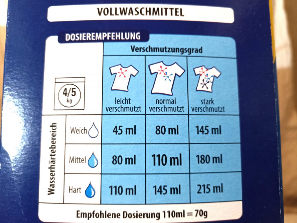 Omo XXXL Waschmittel, Verpackung Seitanansicht 1 Dosierungsempfehlung