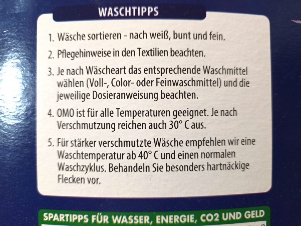 Omo XXXL Waschmittel, Verpackung Seitanansicht 1, Waschtipps
