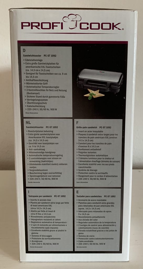 ProfiCook PC-ST 1092 Sandwichmaker im Karton von der Seite