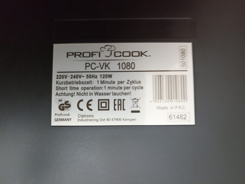 ProfiCook PC-VK 1080 Vakuumierer, Etikett auf der Rückseite