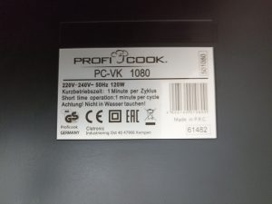 ProfiCook PC-VK 1080 Vakuumierer, Etikett auf der Rückseite
