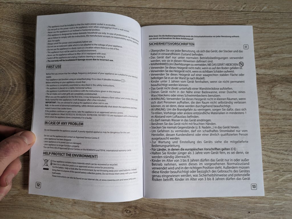 Sicherheitshinweise des Rowenta SO2320 Instant Comfort Compact Heizlüfters geöffnet