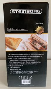Steinborg XXL-Sandwichmaker im Karton von der Seite