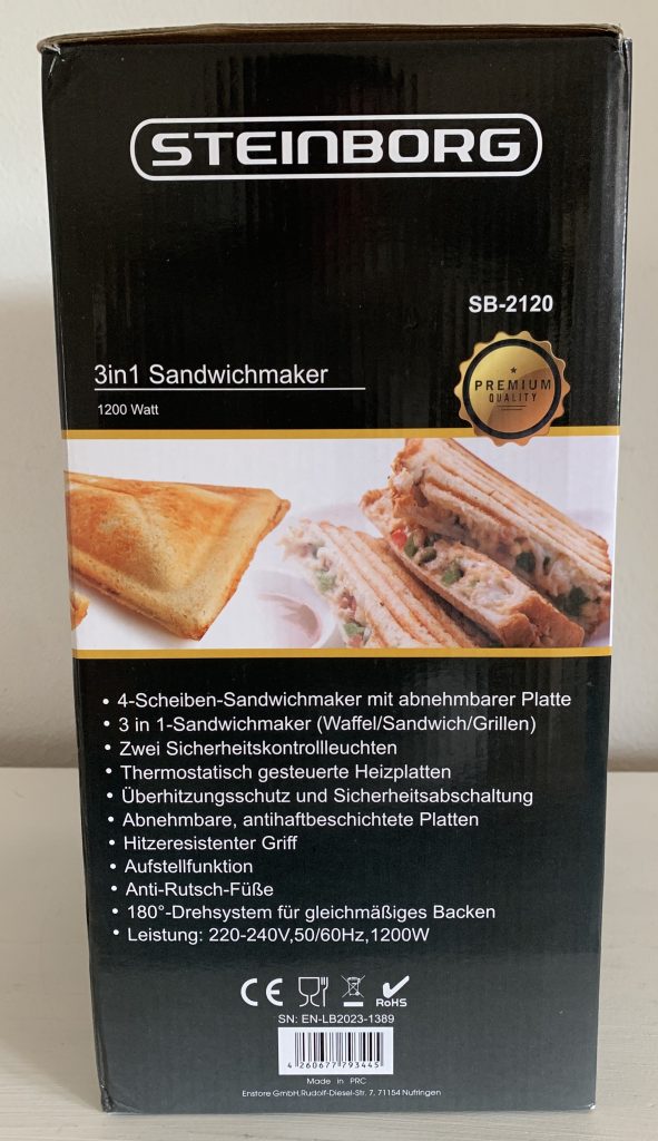 Steinborg XXL-Sandwichmaker im Karton von der Seite