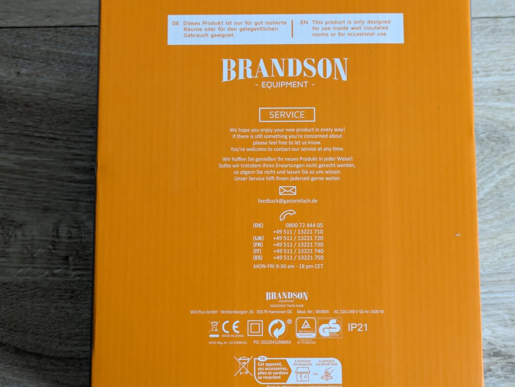 Verpackung des Brandson Heizlüfters von hinten in der Nahansicht