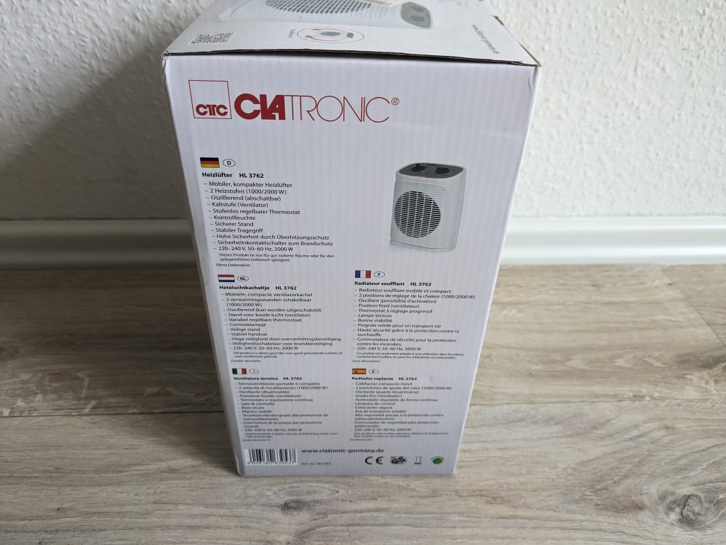 Verpackung des Clatronic HL3762 Heizlüfters von der Seite