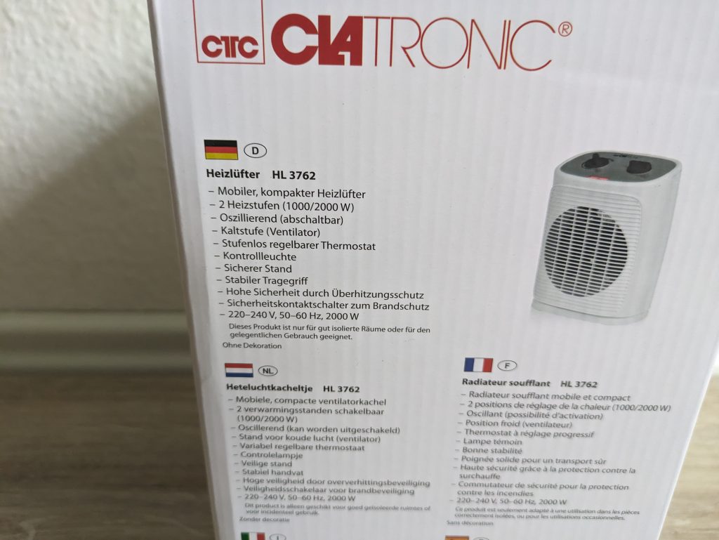 Verpackung des Clatronic HL3762 Heizlüfters von der Seite in der Nahansicht