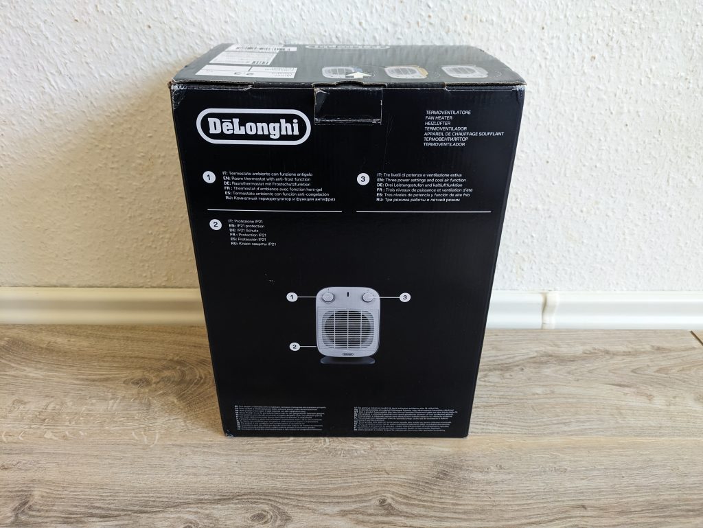 Verpackung des De’Longhi HFS50B20.AV Heizlüfters von hinten