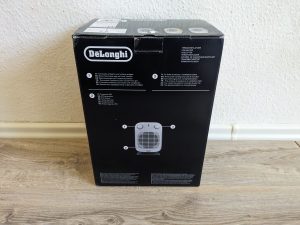 Verpackung des De’Longhi HFS50B20.AV Heizlüfters von hinten