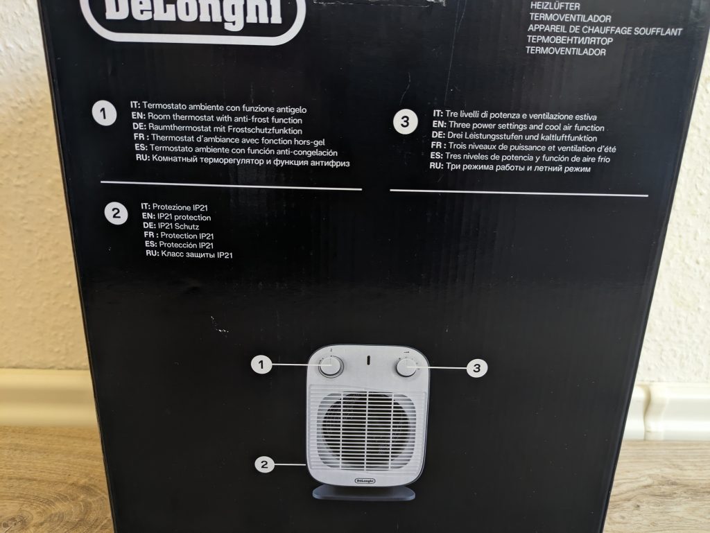 Verpackung des De’Longhi HFS50B20.AV Heizlüfters von hinten in der Nahansicht