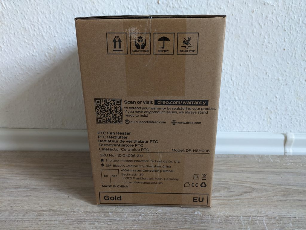 Verpackung des Dreo ‎DR HSH006 Heizlüfters von der Seite
