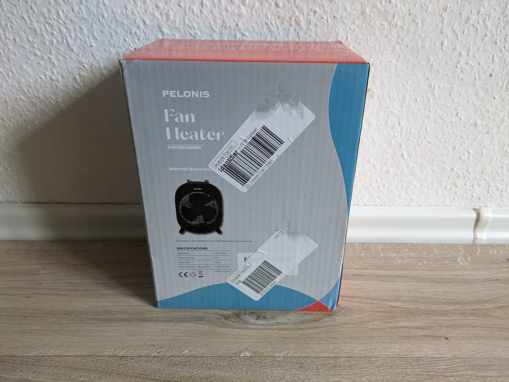 Verpackung des Pelonis SWNJ53 Heizlüfters von hinten