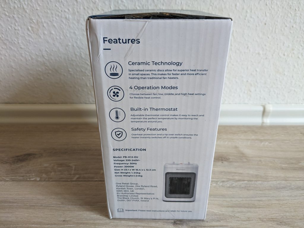 Verpackung des Pro Breeze Mini Heizlüfters von der Seite
