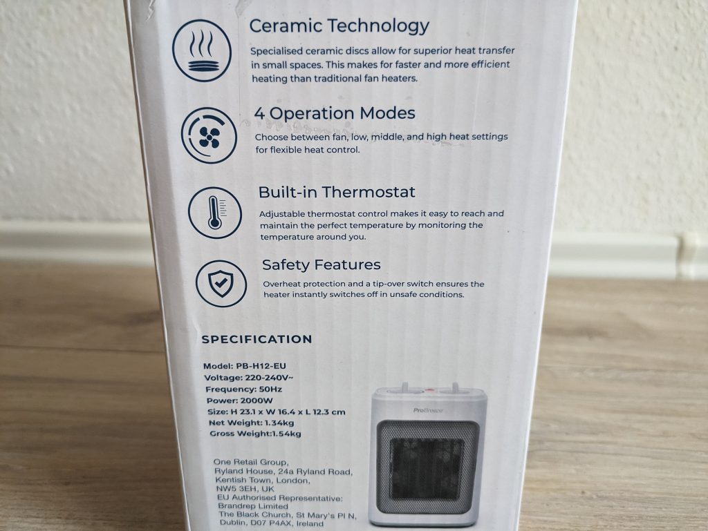 Verpackung des Pro Breeze Mini Heizlüfters von der zweiten Seite