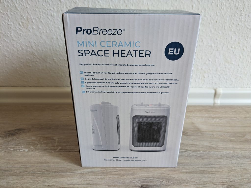 Verpackung des Pro Breeze Mini Heizlüfters von hinten