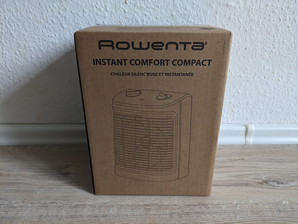 Verpackung des Rowenta SO2320 Instant Comfort Compact Heizlüfters in der Nahansicht