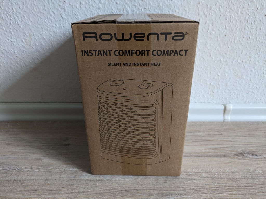 Verpackung des Rowenta SO2320 Instant Comfort Compact Heizlüfters von hinten
