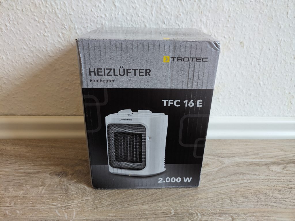Verpackung des TROTEC TFC 16 E Heizlüfters in der Nahansicht