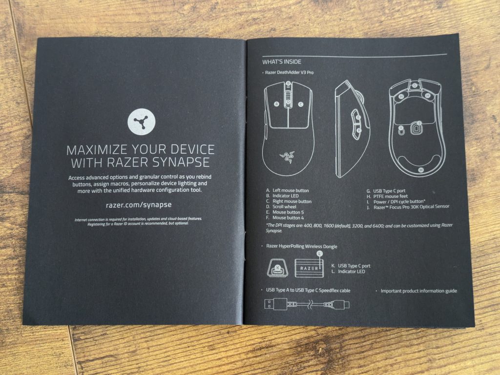 Anleitung der Razer Deathadder V3 Pro Gaming-Maus geöffnet