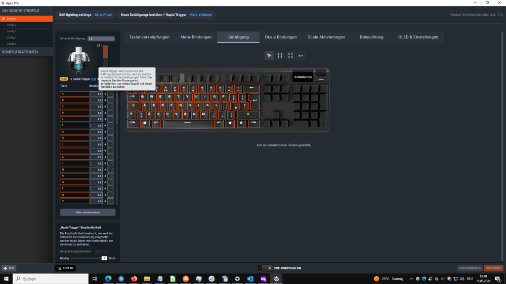 Auslöseweg in der Software der SteelSeries Apex Pro HyperMagnetic Gaming-Tastatur