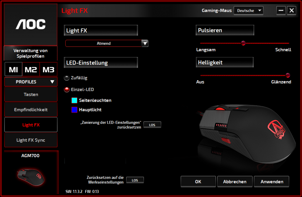 Beleuchtungseinstellung der Software der AOC Agon AGM700 Gaming-Maus
