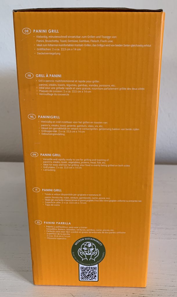 Bestron APM123W Kontaktgrill im Karton von der Seite