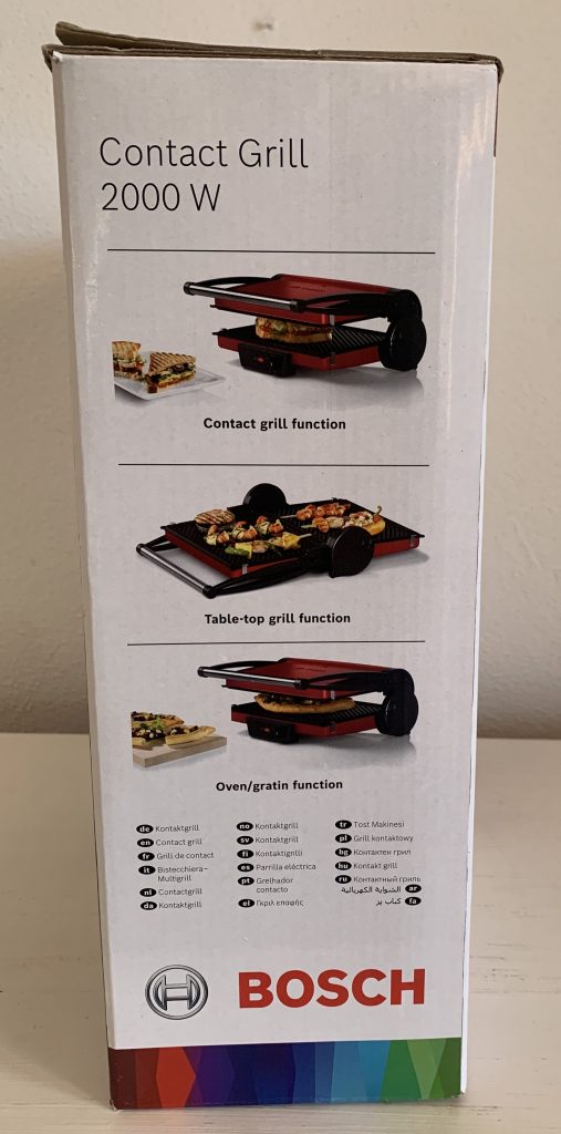 Bosch TCG4104 Kontaktgrill im Karton von der linken Seite
