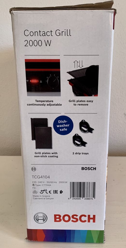 Bosch TCG4104 Kontaktgrill im Karton von der rechten Seite