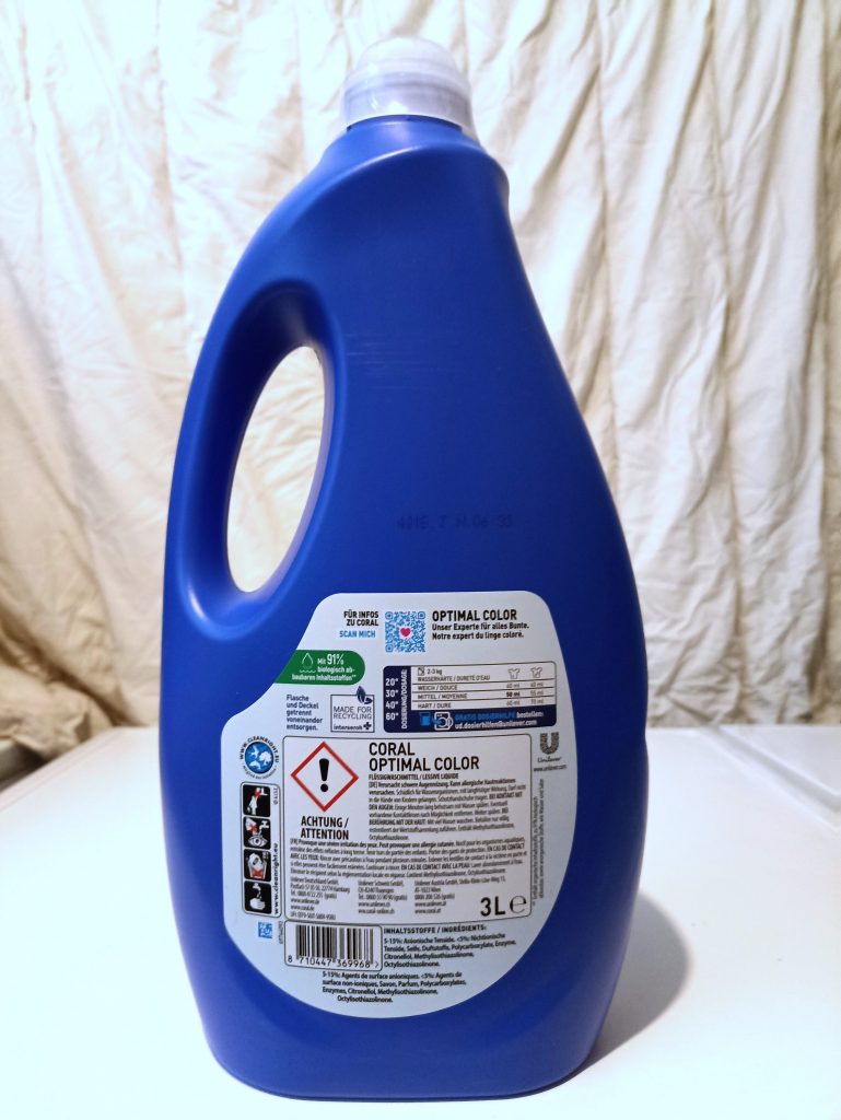 Coral Optimal Color XXL Waschmittel, Verpackung Rückseite