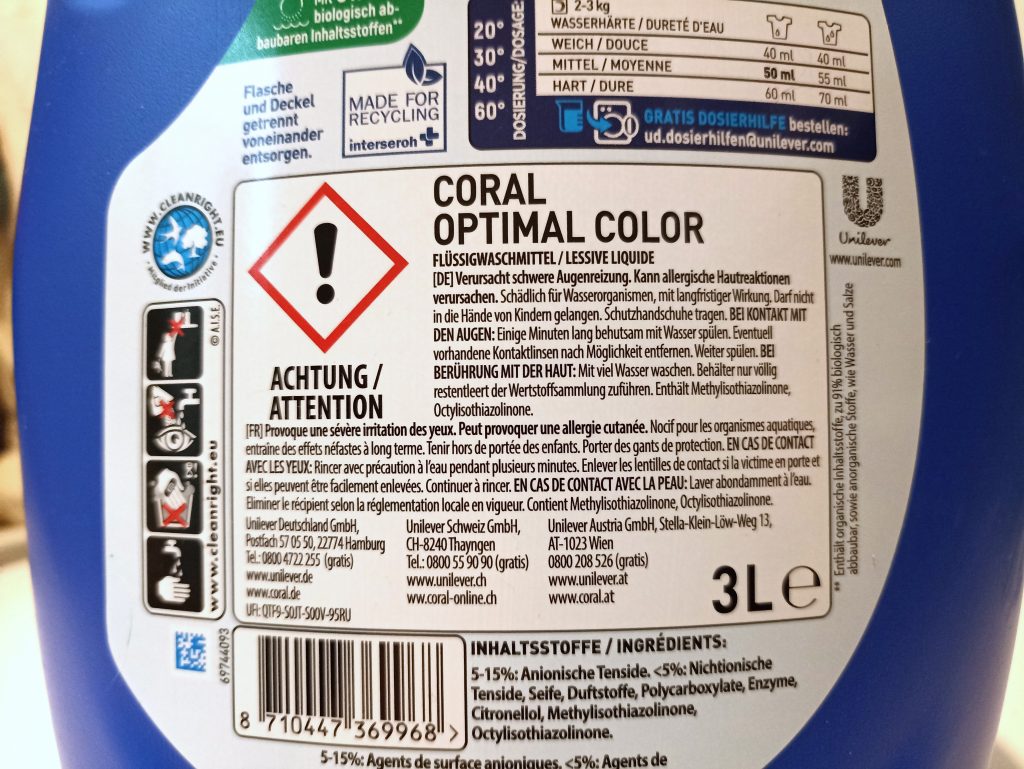 Coral Optimal Color XXL Waschmittel, Verpackung Rückseite Beschriftung