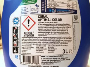 Coral Optimal Color XXL Waschmittel, Verpackung Rückseite Beschriftung