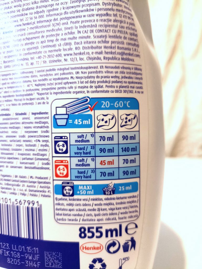 Coral Optimal Color XXL Waschmittel, Verpackung Rückseite Dosierungsanleitung