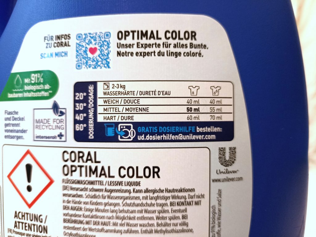 Coral Optimal Color XXL Waschmittel, Verpackung Rückskeite Dosierungsanleitung