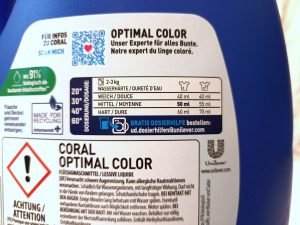 Coral Optimal Color XXL Waschmittel, Verpackung Rückskeite Dosierungsanleitung